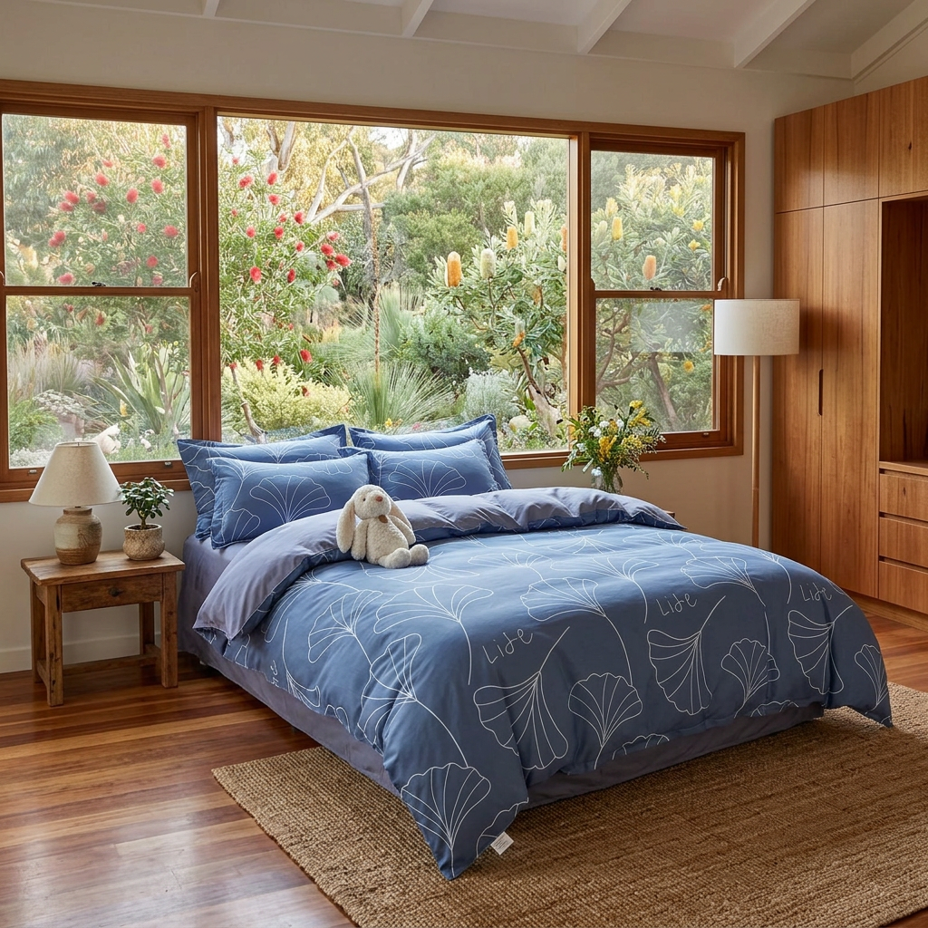 Liliane Bed Set for Bedrooms with Ginkgo Line Art