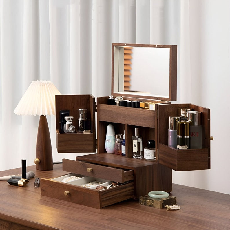 Hermione Walnut Vanity Chest for Jewelry with Inner Mirror