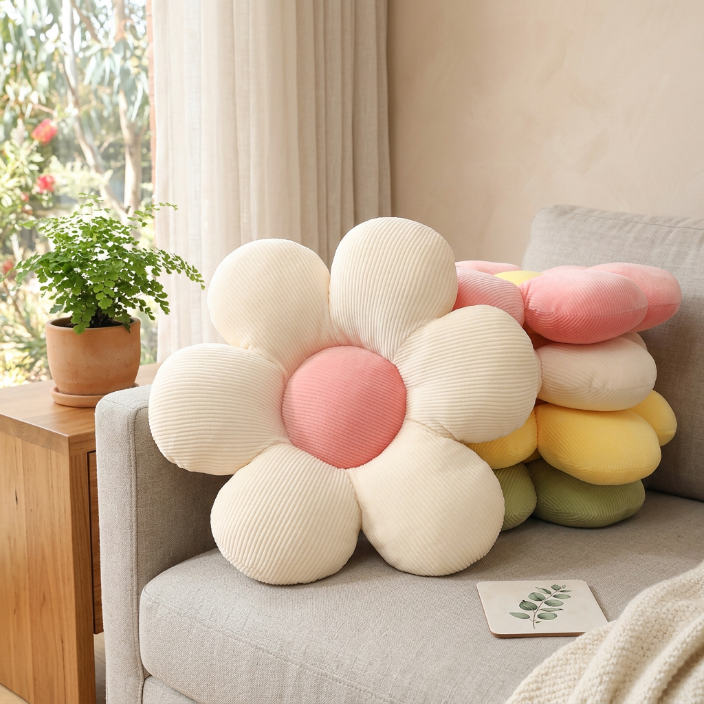 Karolina Flower Cushion for Sofas and Beds in Corduroy