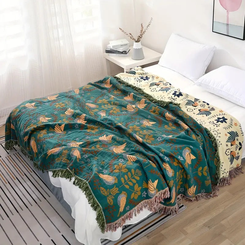 Odette Cotton Blanket for Beds & Sofas with Bird Jacquard