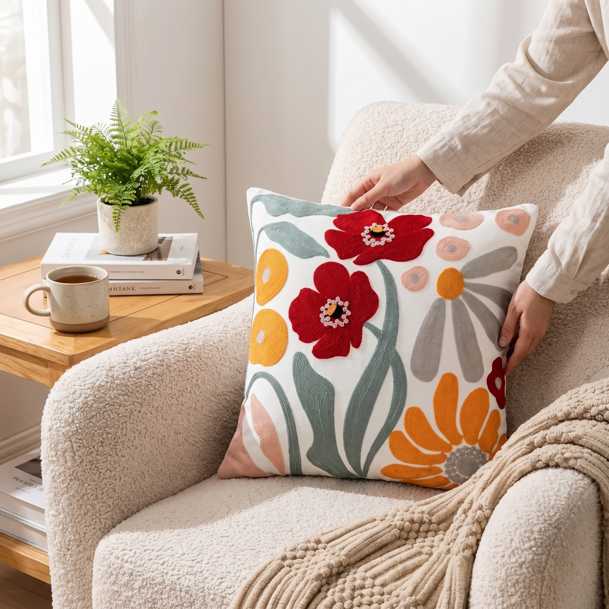 Elara Haus Artisan Embroidered Floral Statement Cushion