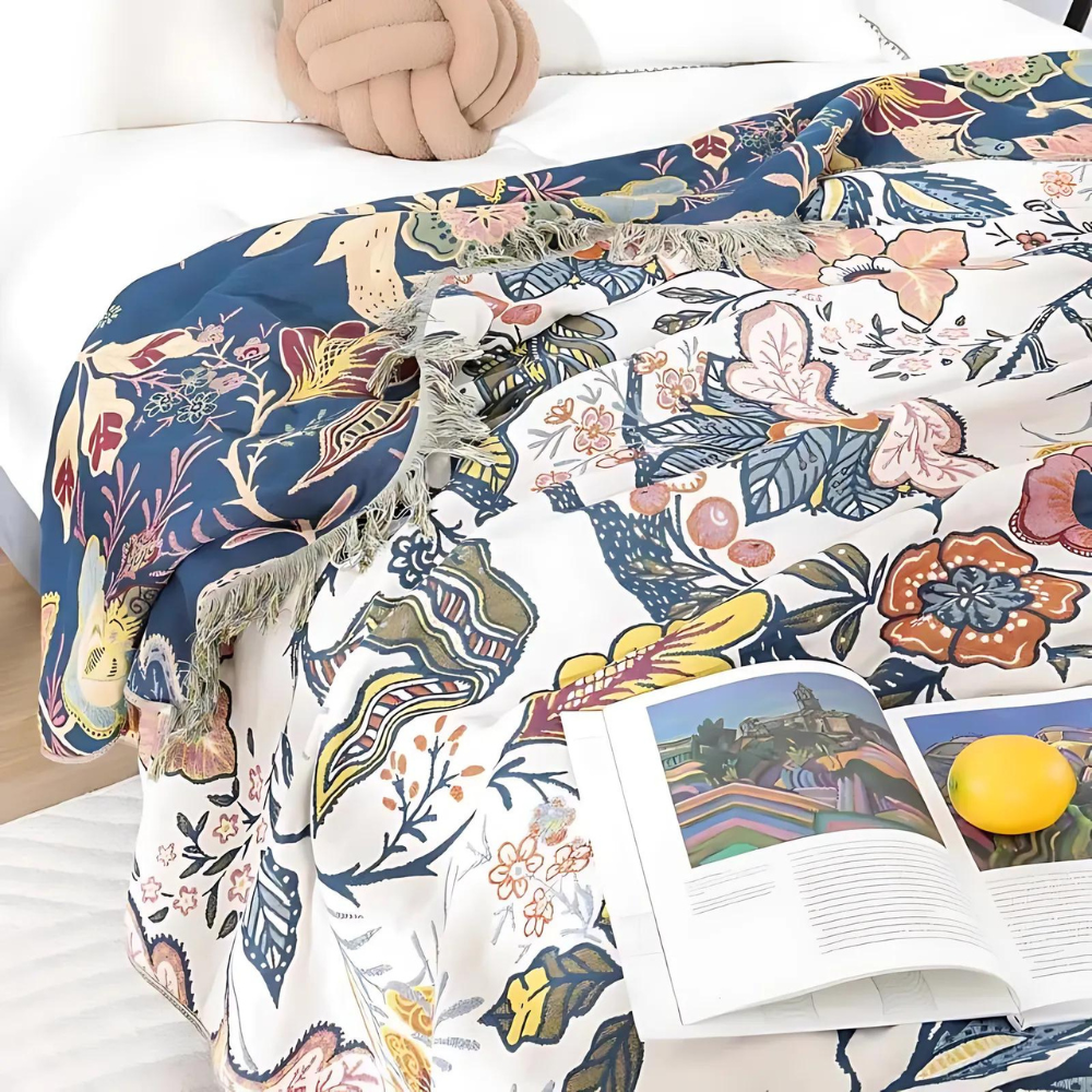 Camille Jacquard Blanket for Beds & Walls with Floral Weave