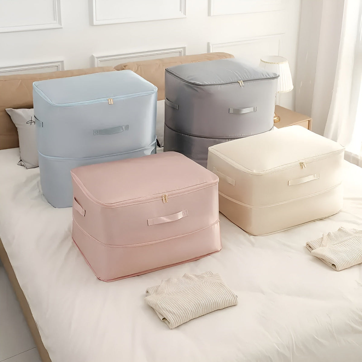 Three bags on a bed