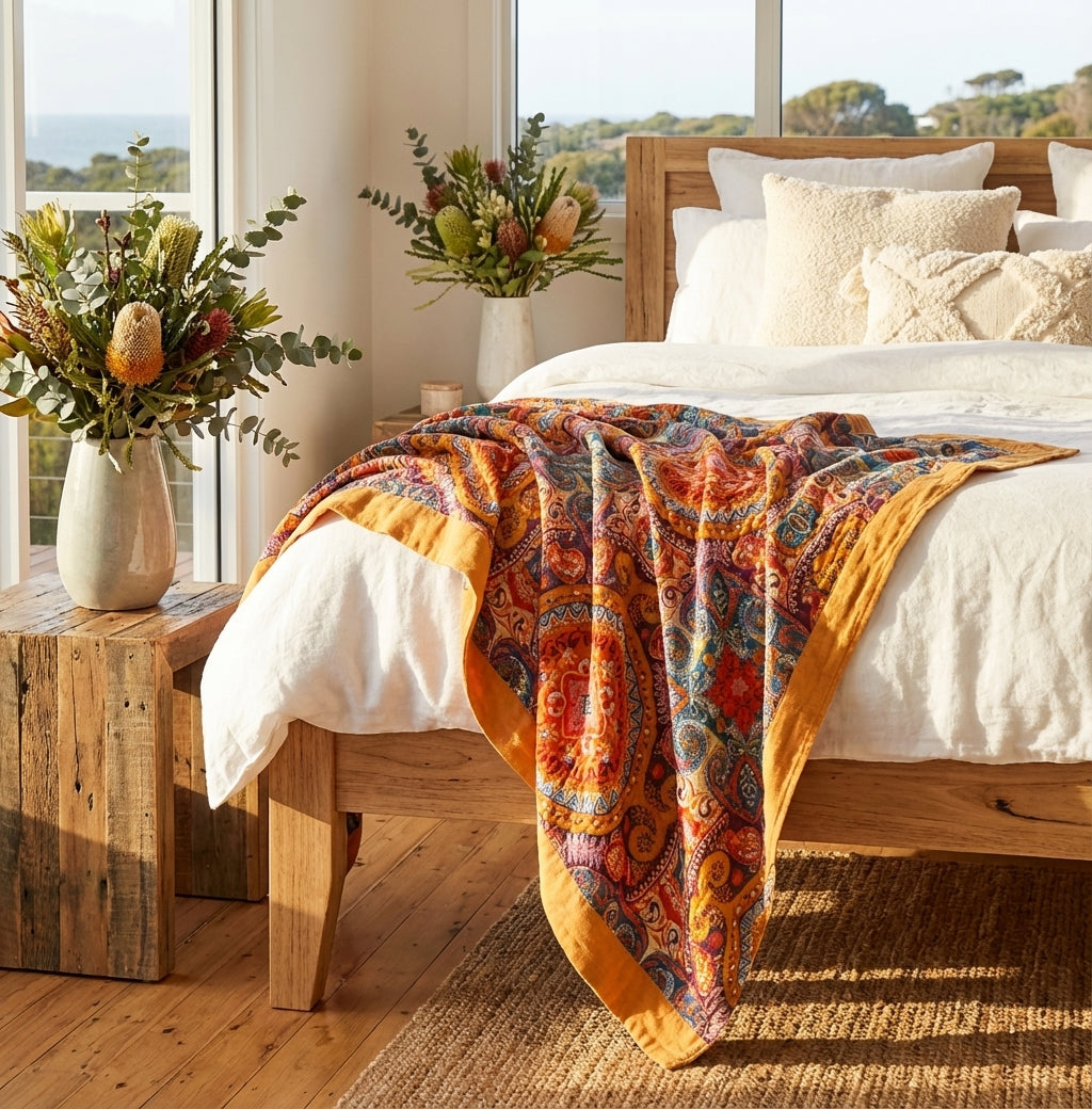 Across the foot of a bed