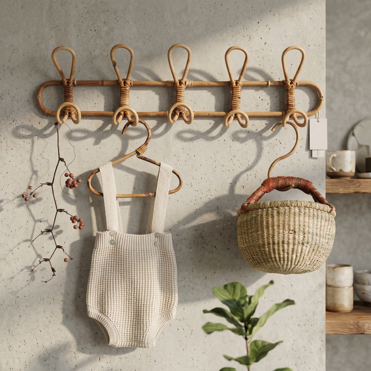 Xandra Rattan Wall Hooks for Robes with Braided Loops