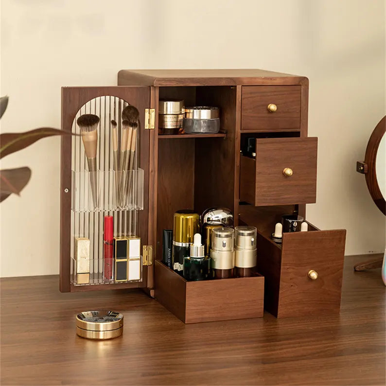 Ines Walnut Vanity Cabinet for Makeup with Fluted Glass