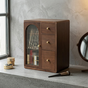 Ines Walnut Vanity Cabinet for Makeup with Fluted Glass
