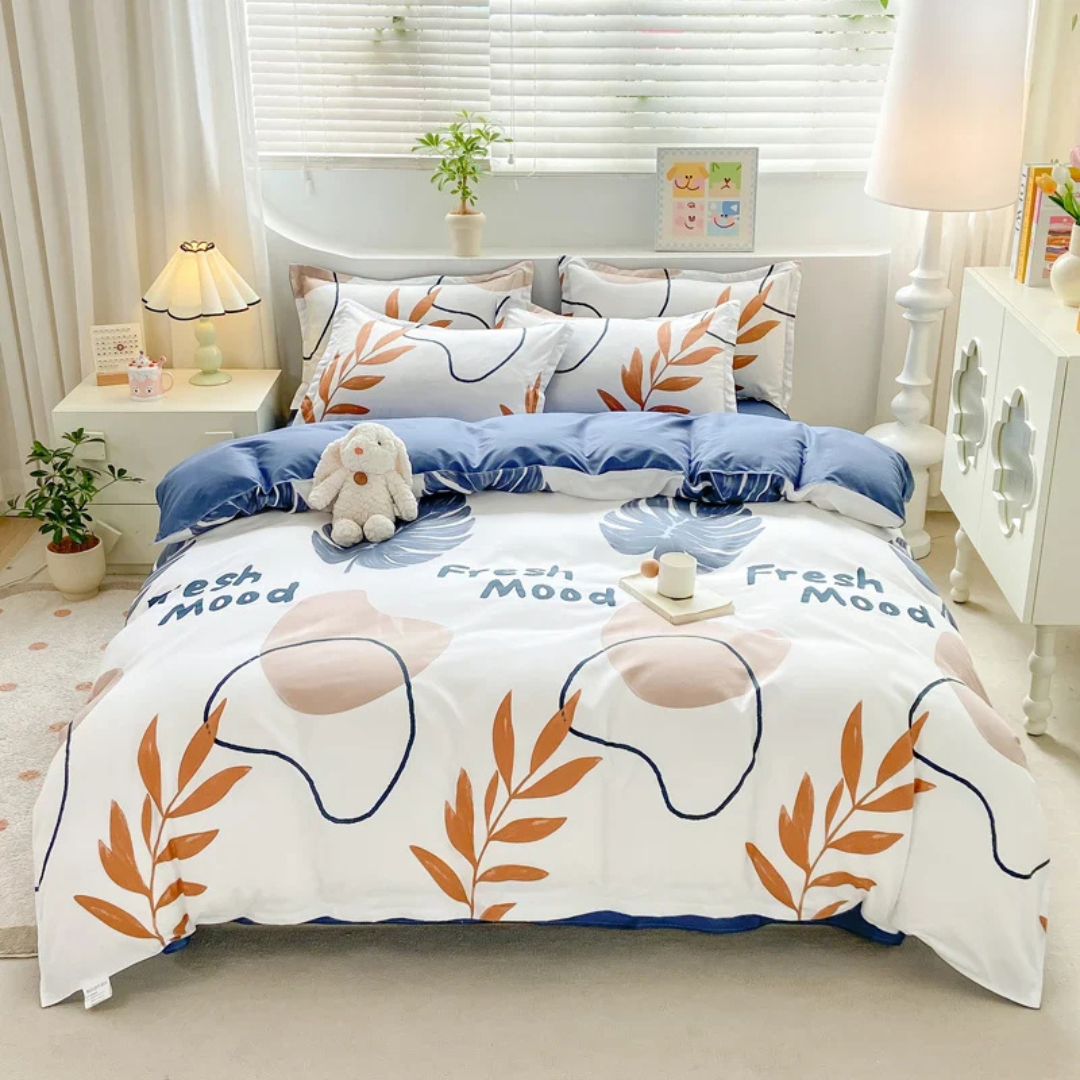 Liliane Bed Set for Bedrooms with Ginkgo Line Art