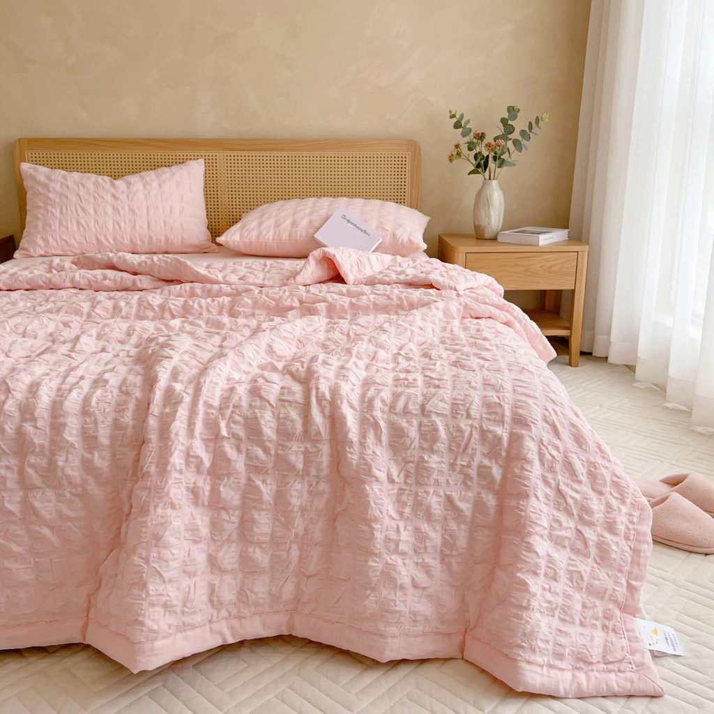 Pink set on a wooden bed
