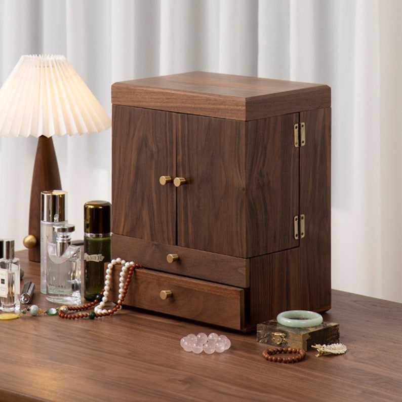 Hermione Walnut Vanity Chest for Jewelry with Inner Mirror