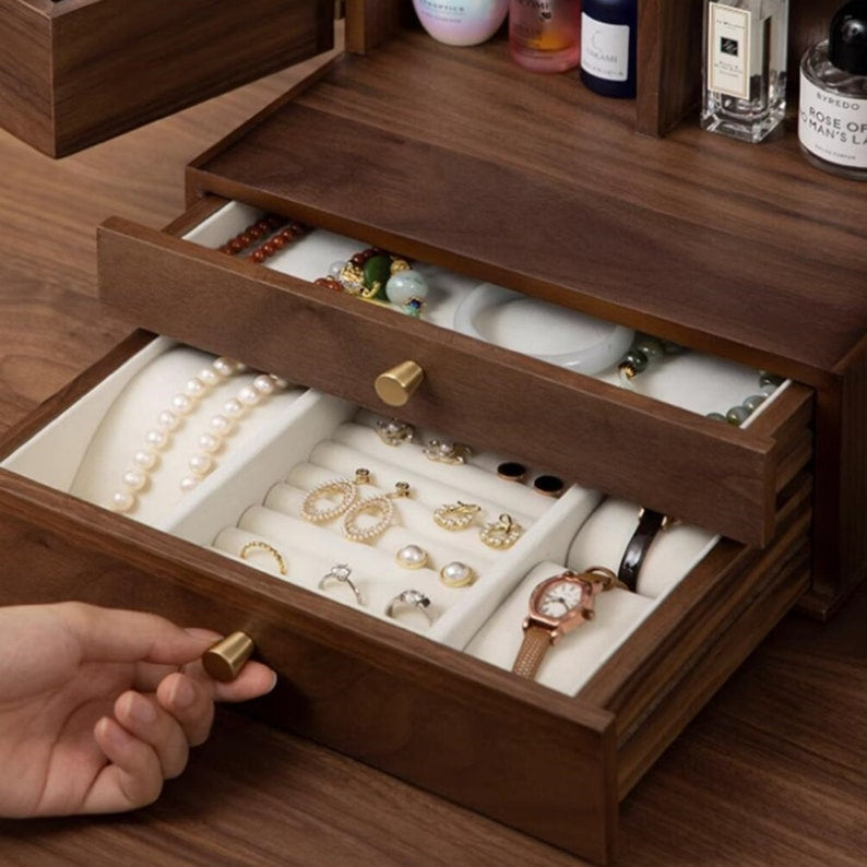 Hermione Walnut Vanity Chest for Jewelry with Inner Mirror