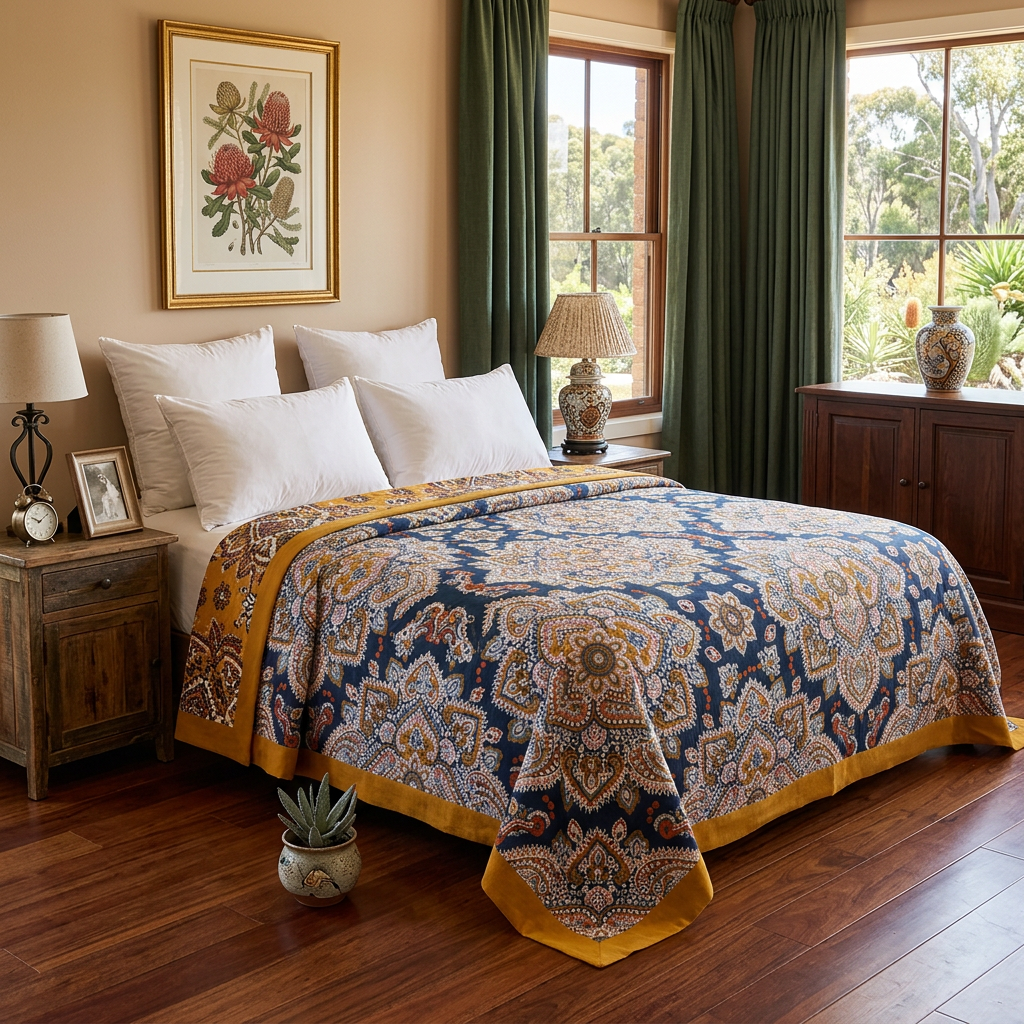 Navy throw in a warm bedroom