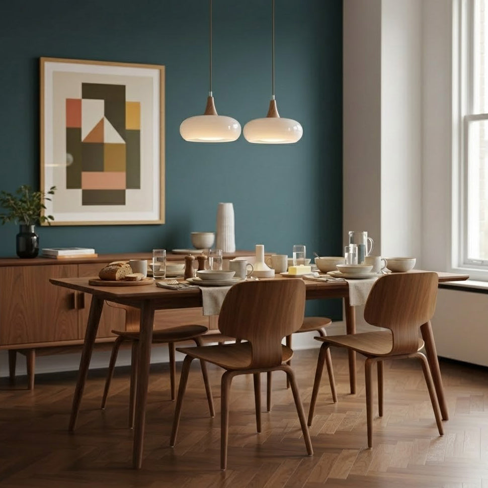 Two white heads above a dining table