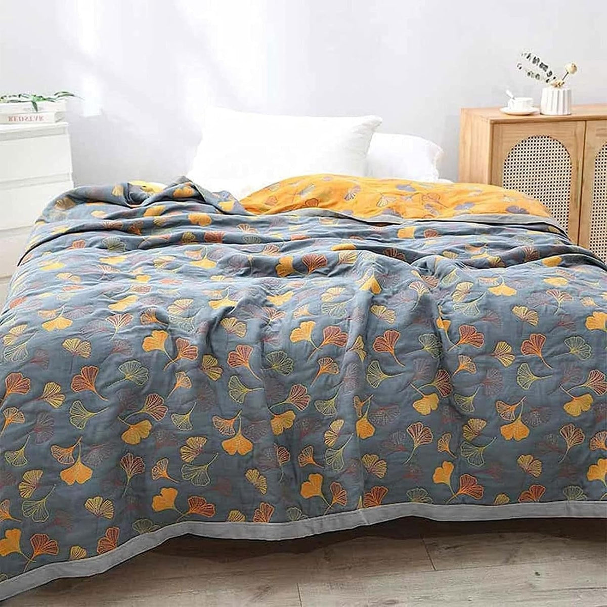 Blue face over a double bed