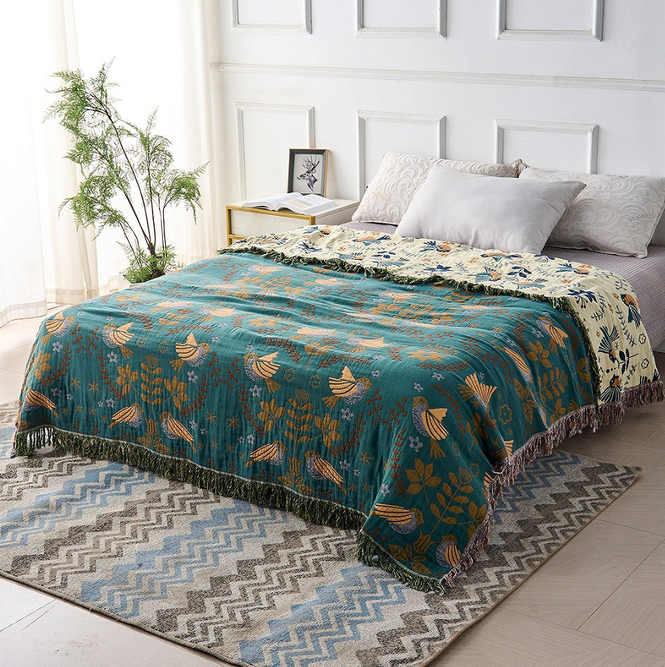 Odette Cotton Blanket for Beds & Sofas with Bird Jacquard