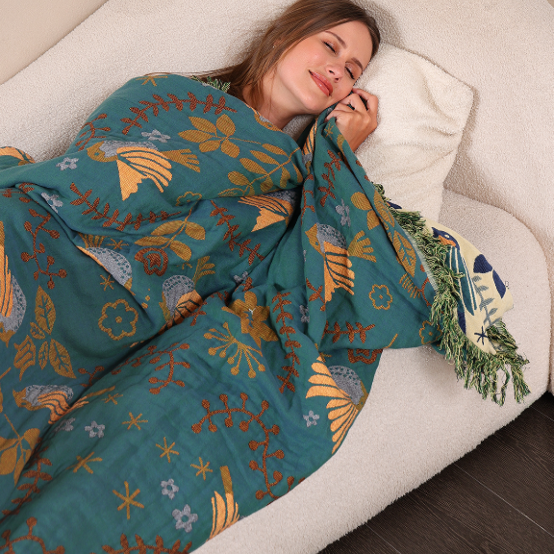 Odette Cotton Blanket for Beds & Sofas with Bird Jacquard