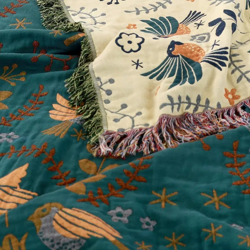 Odette Cotton Blanket for Beds & Sofas with Bird Jacquard