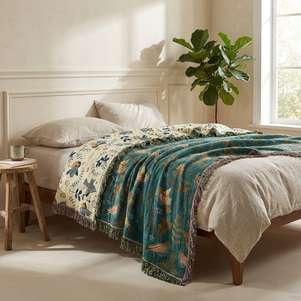 Odette Cotton Blanket for Beds & Sofas with Bird Jacquard