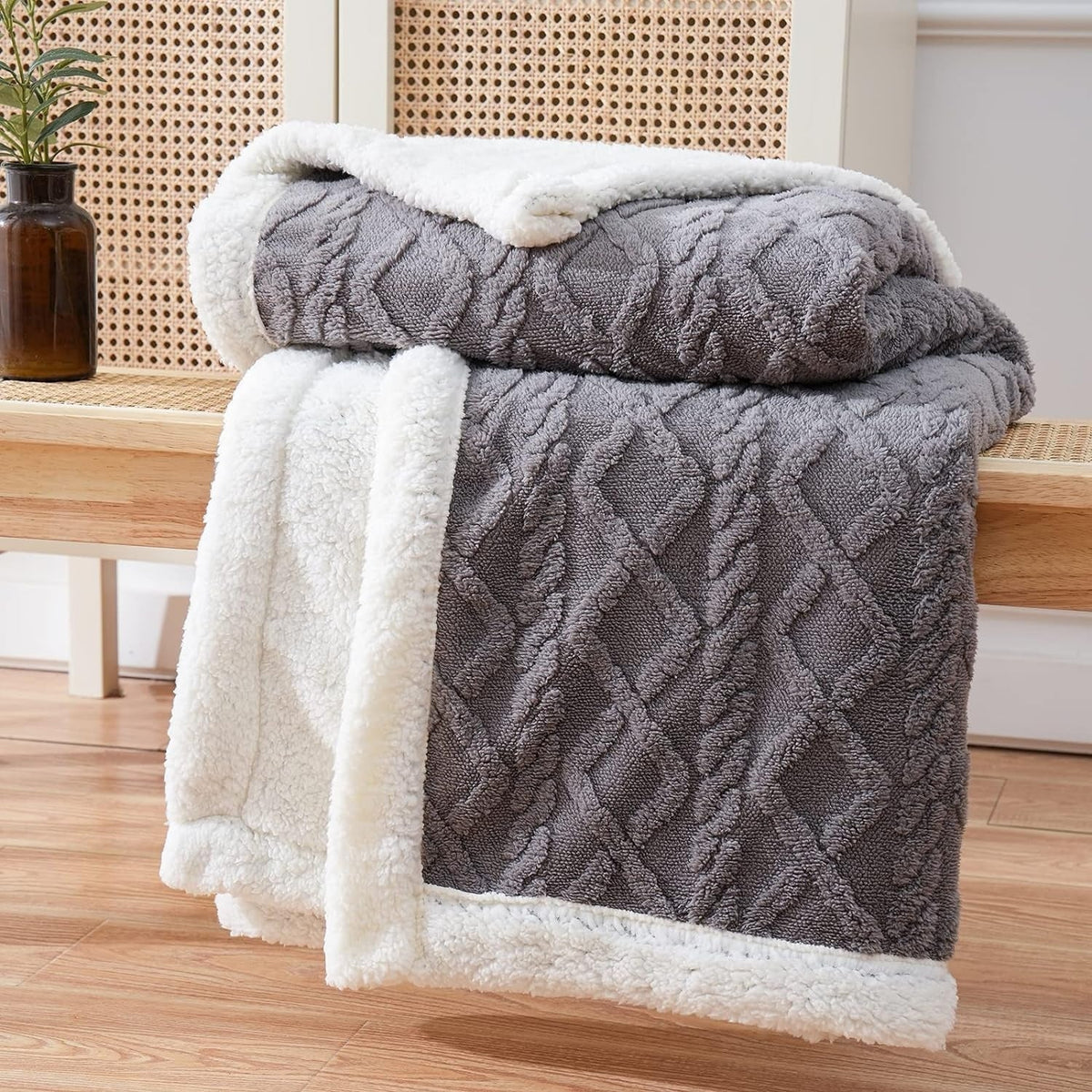 Isolde Sherpa Throw for Winter Nights with Cable Knit Face