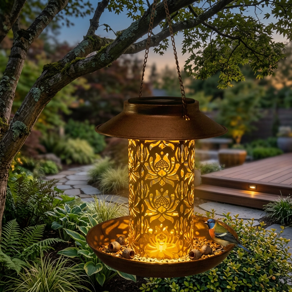 Aviana 2 in 1 Solar Bird Feeder Lantern Hanging Metal Garden Light for Patios and Pergolas