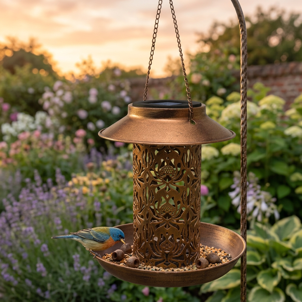 Aviana 2 in 1 Solar Bird Feeder Lantern Hanging Metal Garden Light for Patios and Pergolas
