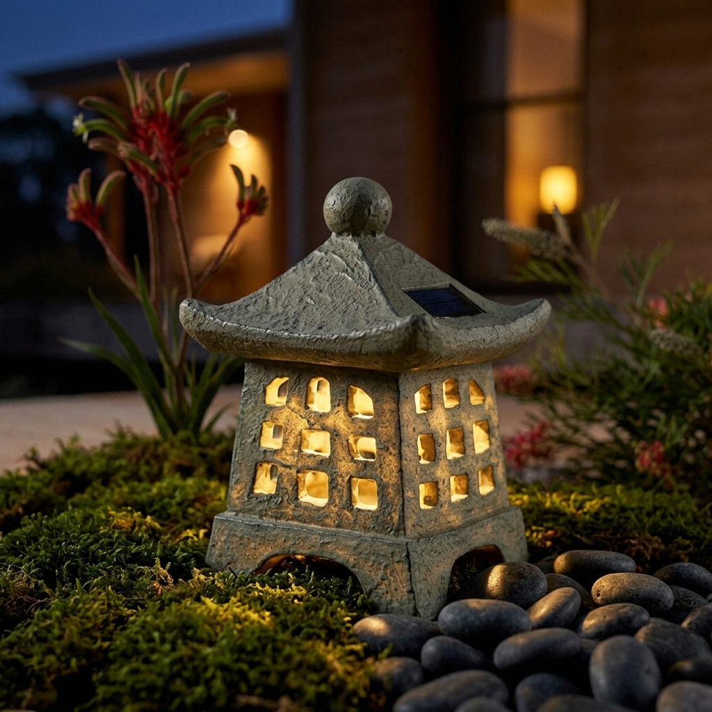 Kyoto Glow Solar Pagoda Lantern Stone Effect Zen Garden Lamp for Terraces and Pathways