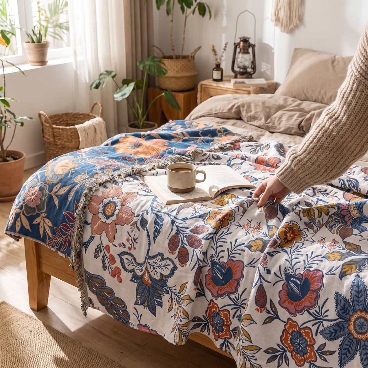Camille Jacquard Blanket for Beds & Walls with Floral Weave
