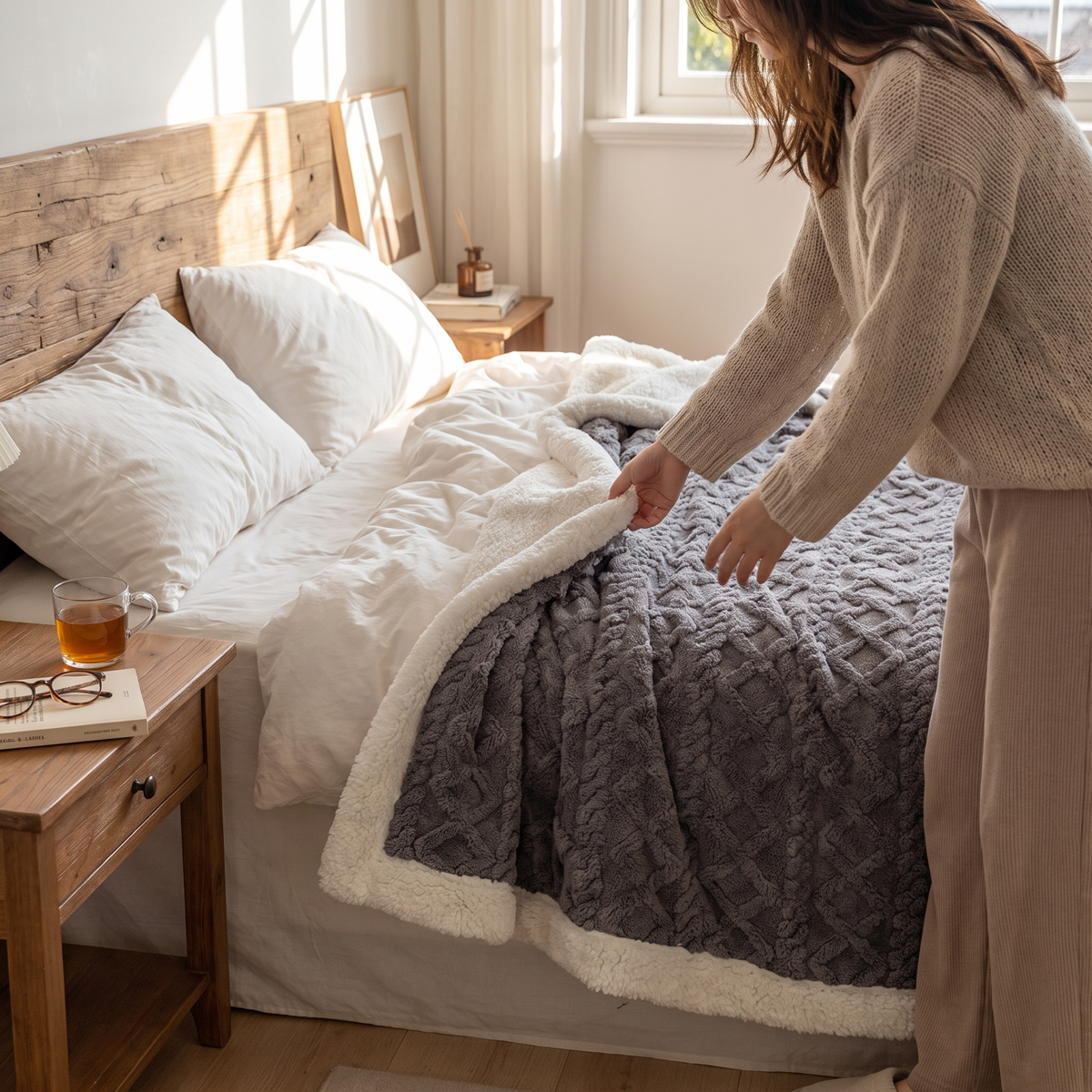 Isolde Sherpa Throw for Winter Nights with Cable Knit Face