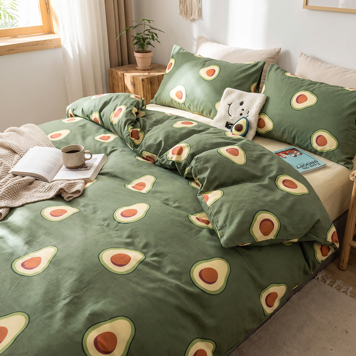 Green avocado set on a bed