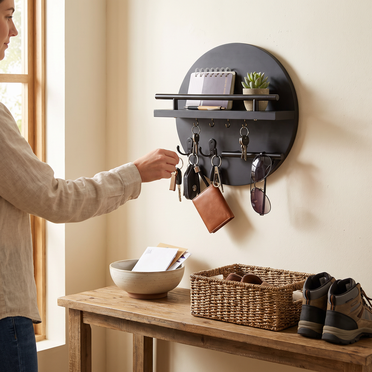 Elara Haus Circular Wall Key Holder with Floating Shelf