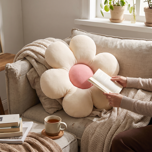 Elara Haus Plush Ribbed Corduroy Flower Decorative Cushion