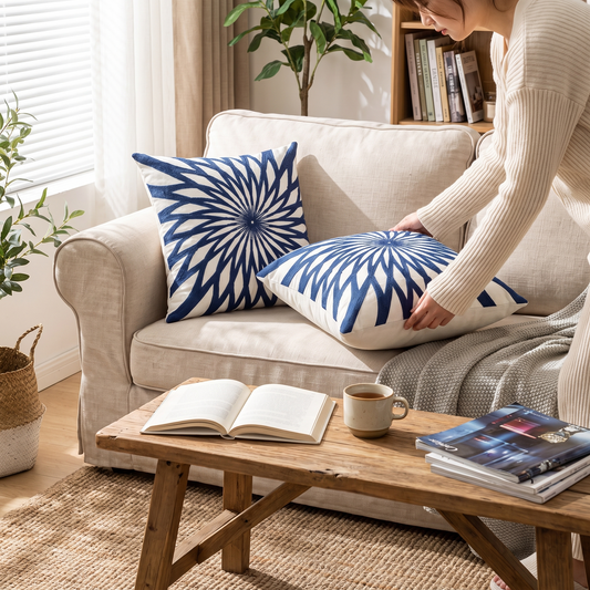 Elara Haus Blue Radial Ornament Embroidered Decorative Cushion