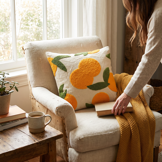 Elara Haus Artistic Tufted Cotton Citrus Orange Cushion