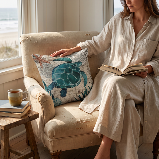 Elara Haus Vintage Nautical Sea Turtle Decorative Cushion