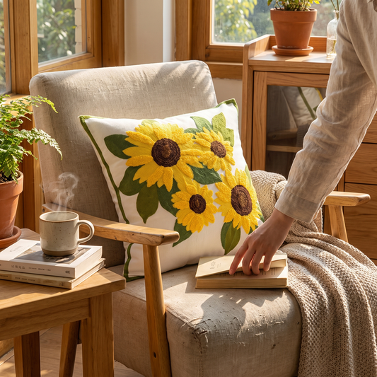 Elara Haus Artisan Embroidered Sunflower Cotton Cushion